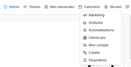 Menu déroulant sous votre nom, avec l'entrée Marketing